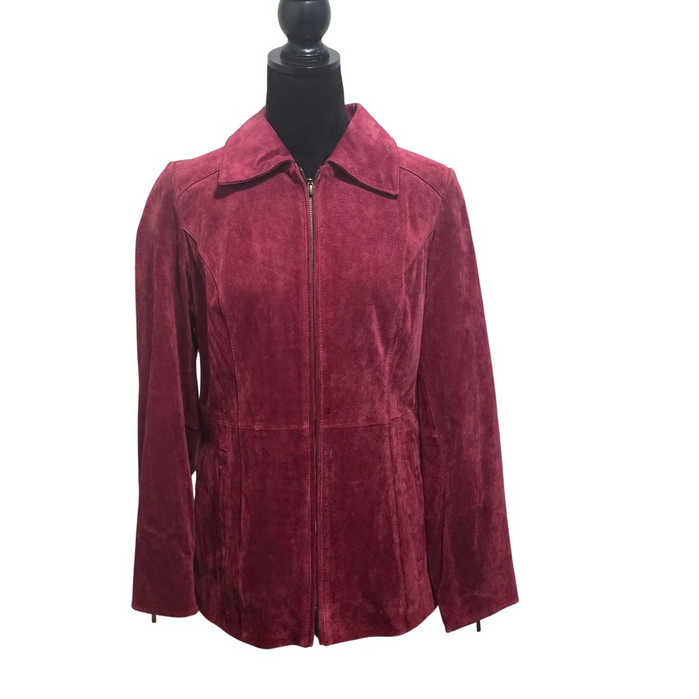 Dennis Basso Burgundy Suede Leather Zip Front womens Jacket Print Lining Size S